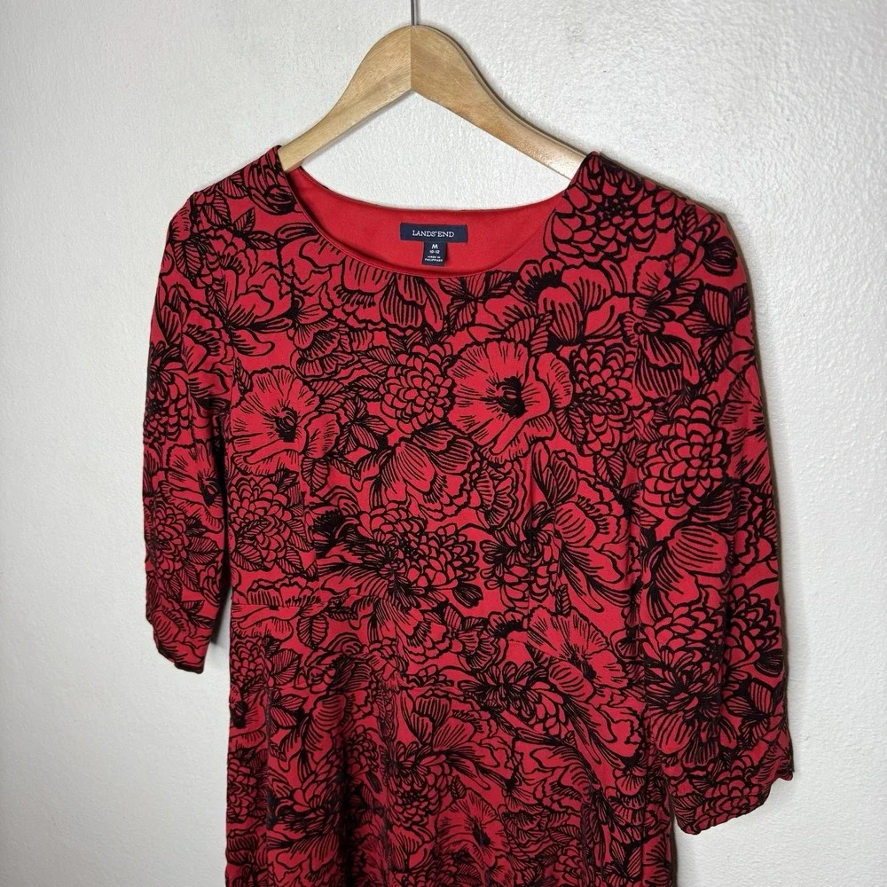 Lands End‎ Red Black Velvet Floral Fit And Flare Dress 3/4 Sleeve Women's Medium